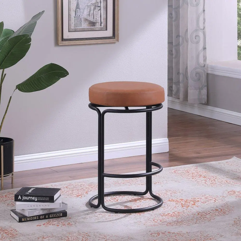 Madison Cognac Vegan Leather Counter Stool with Swivel Seat, Set of 2