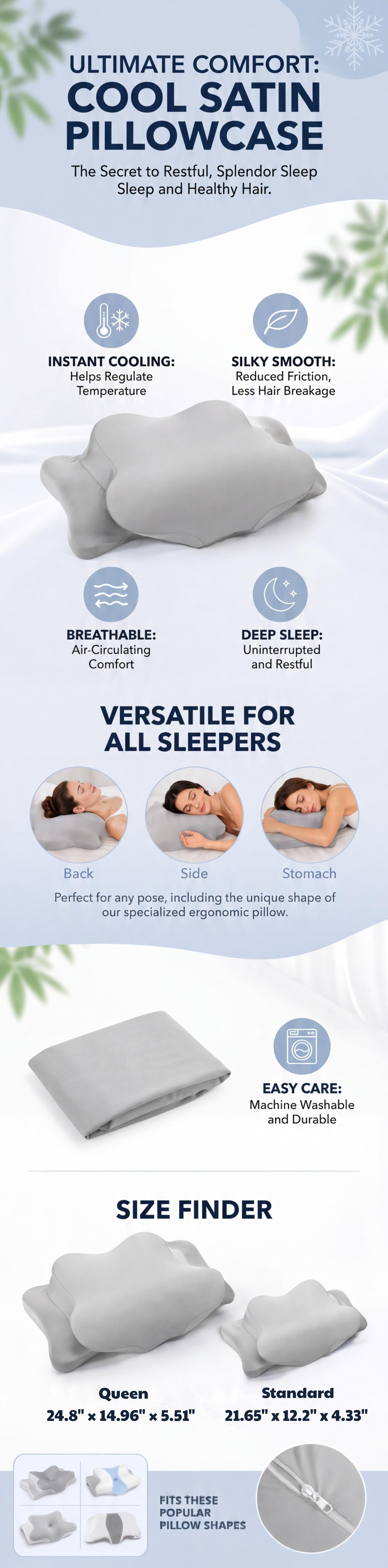 1/2 Pack Cooling Pillowcase for Cervical Neck Pillows, Zippered Contour Pillow Cover, Soft Breathable Pillow Protector for Hot Sleepers, Night Sweats, Side Sleepers, Neck Support & Bedroom Gifts for Women