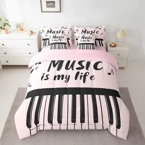 Feelyou 7-Piece Hip Hop Theme Blanket Bedding Set - Light Pink Aesthetic Bed-in-a-Bag for Kids, Including Musical Instrument-Themed Comforter and Sheets, Bed Sheets Aesthetic