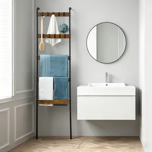 5-Tier Wooden Blanket Ladder with 10 Removable Hooks, Farmhouse Storage Rack for Living Room, Bedroom, Bathroom, Laundry, Hallway & Entryway Organizer,Wall Coat Racks,Towel Bars
