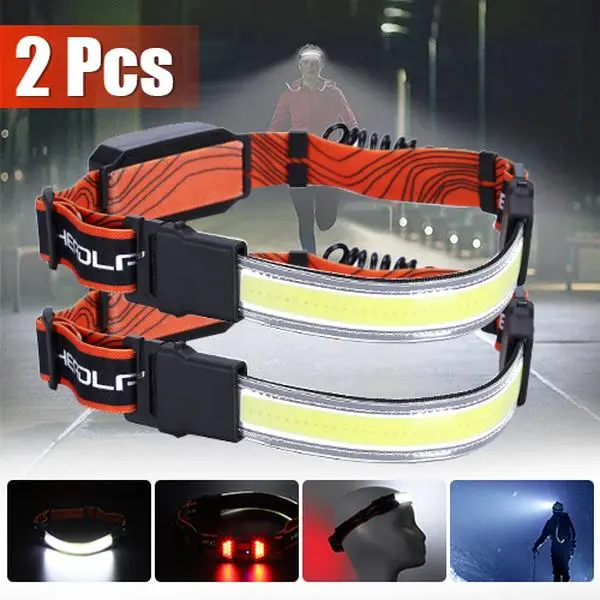 2-Pack Waterproof COB LED Sensor Headlamp with Adjustable Headband & Band, 3W, Strobe Light, Red LED, 1200mAh ABS Battery, Micro USB Cable Charging, 3.5H/5H High Mode Runtime, Helmet-Compatible Unisex Hands-Free Wear Camping Torch for Hiking/Cycling, Led