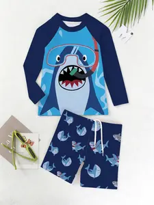 Kids Shark Print Swimsuit Set for Boys and Girls, Long Sleeve UV Protection Swimwear for Pool and Beach Fun, Slim-Fitting Casual Design, Rash Guard Swimsuits