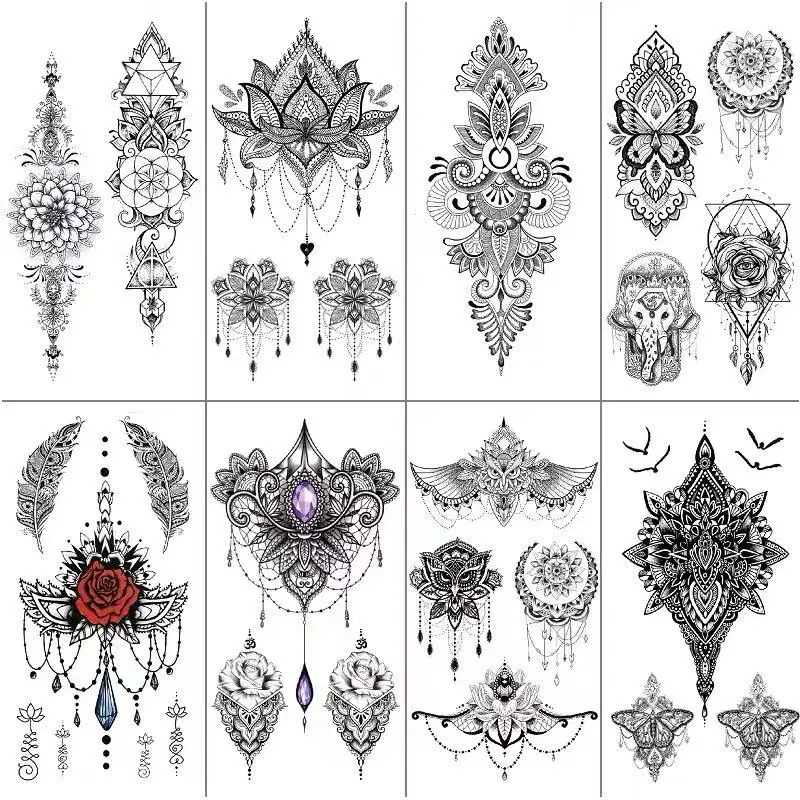 8 pieces of hand-painted bohemian temporary tattoos - waterproof, for women, European and American style, customizable, sexy and dark, featuring mandalas; suitable for arms and backs; sticker decals