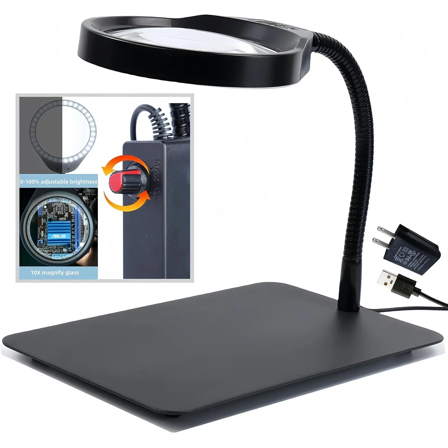 10X Magnifying Glass with Light and Stand,Dimmable Flexible Magnifying Craft Ligh, LED Lighted Magnifier Hands Free for Close Work Craft Reading Painting Hobby (Black-04)