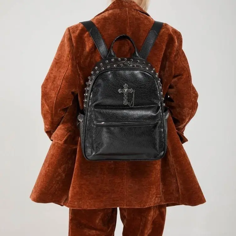 Gothic Cross Rivet PU Leather Backpack - Y2K Punk Alt Girl Stereo-Shaped Functional Casual Bag for Travel, School