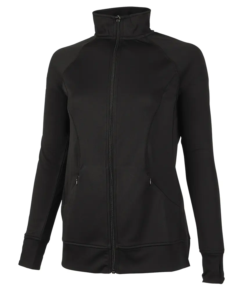 Charles River Apparel Women's Fitted Space Dye Long Sleeve Athletic Jacket Tops - Feminine Basics, Knit Jersey, Moisture-Wicking Anti-Microbial Polyester, Full Zip, Crew Neck, Raglan, Princess Seams, Thumbholes, Pockets, Plain, Machine Washable