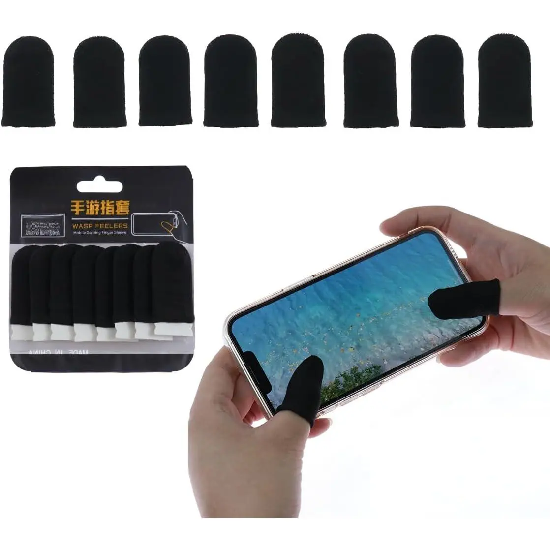Black Gaming Finger Sleeves (8-Count) - Breathable, Anti-Slip, Seamless Thumb Covers for Mobile Gamers, High Sensitivity Touchscreen Gaming Accessories, Washable for Android & iOS Smartphones