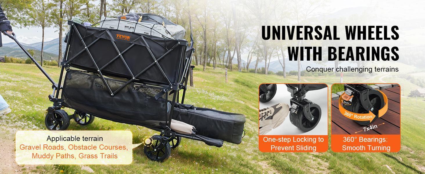 【Father's Day】VEVOR Foldable Double Decker Wagon,  Collapsible Wagon Cart with All-Terrain Wheels, Heavy Duty Folding Wagon Cart  for Camping, Shopping, Garden, 52" Extra Long Extender