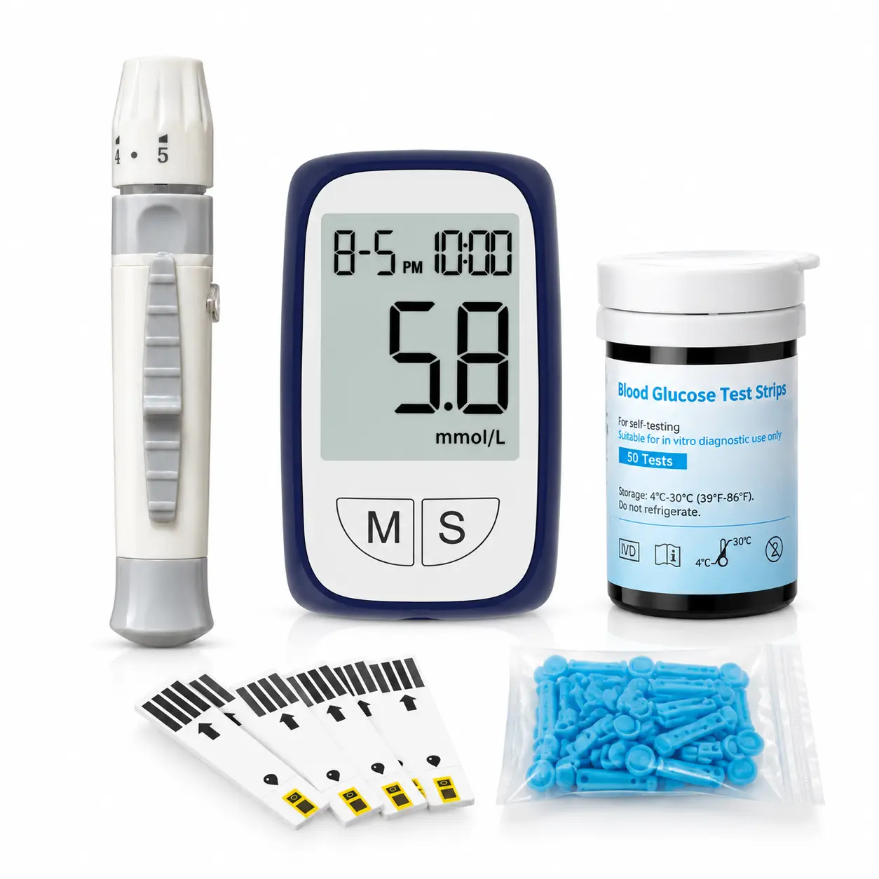 Blood Glucose Monitoring Kit, Large Screen Display, Lancing Device—a diabetes testing kit designed for seniors. A must-have for home and travel, and a stylish choice.