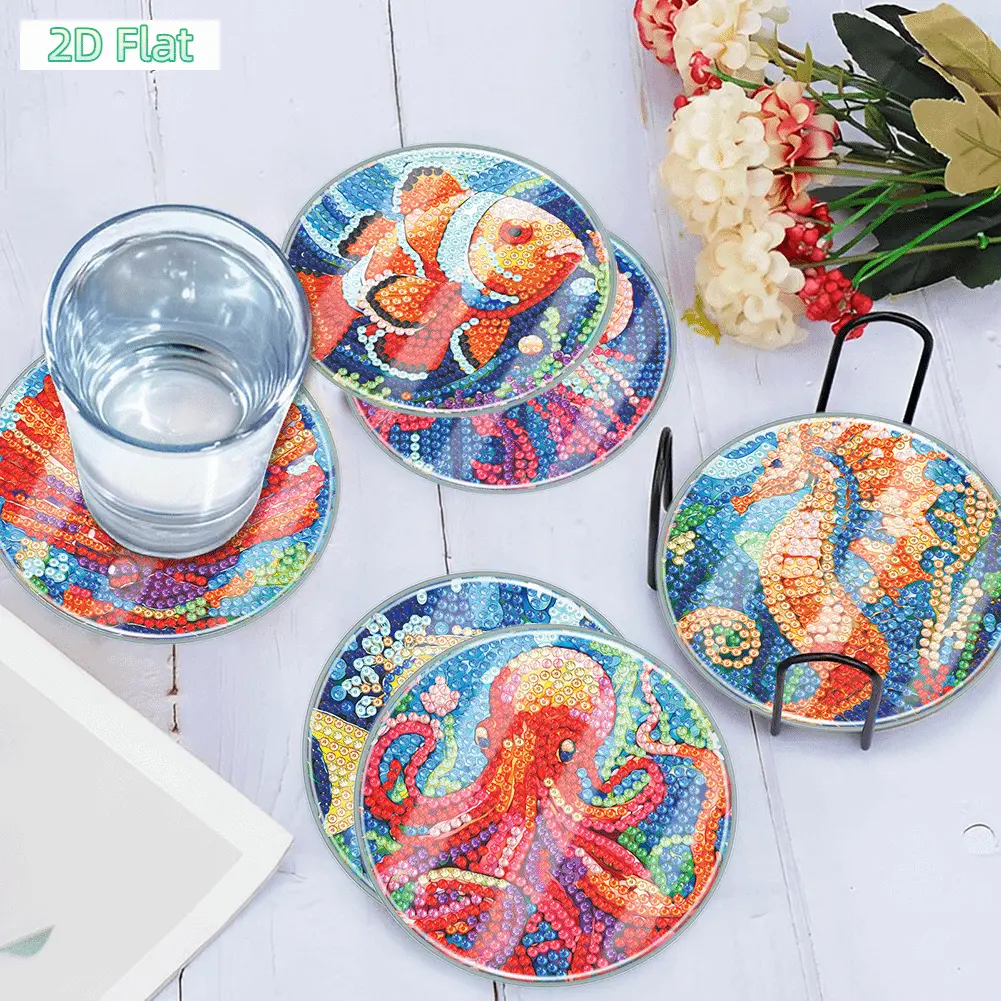 6 PCS Classic Round Shaped Acrylic Diamond Art Coasters Set - Sturdy 2D Flat DIY Craft Kits for Adults, Waterproof, Washable, With Mug Covers, No Skills Needed, Festive Table Top Gift for Drinks Decoration, Coasters For Drinks, Acrylic Coasters