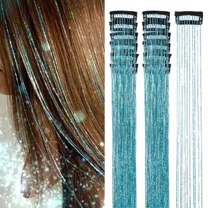 Hair Tinsel Kit Pack of 12 Pcs Hair Tinsel Clip in 19.6Inch Glitter Tinsel Hair Extensions Heat Resistant Clip in Hair Tinsel Sparkle Fairy Hair Accessories for Kids Girls Women