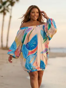 Plus Size Tropical Leaf Print off Shoulder Mini Dress, Batwing Long Sleeve Loose Baggy Beach Vacation Dress, Fitted All over Print