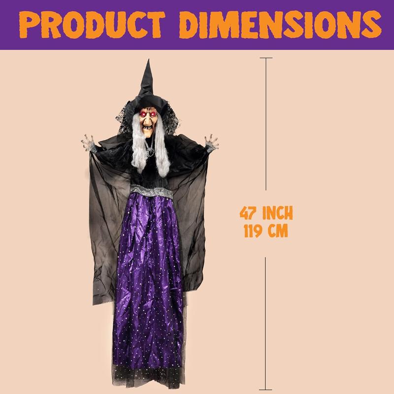 47” Animated Witch Halloween Decoration – Scary Animatronic Witch for Indoor and Outdoor Use. Features a Hanging Design Ornaments