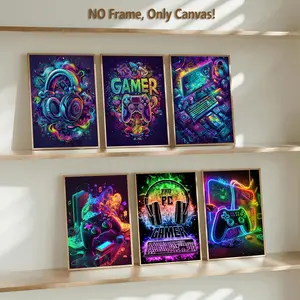 6 count frameless canvas poster, dazzling neon game poster, game room decoration, cool art, perfect living room decoration, modern home decoration, exquisite corridor wall decoration, HD, fashion art, frameless