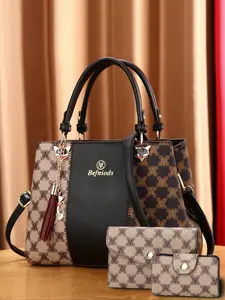 Elegant Women's Handbag Large Capacity Fashion Three-Piece Set, Geometric Print Shoulder Bag, Casual All Seasons Tote
