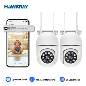 Hawkray AI Camera with One Key Automatic Alarm 911 Alarm Monitoring Face Recognition Mobile Tracking Day Night Full Color Easy Install Surveillance Camera Safety Cord