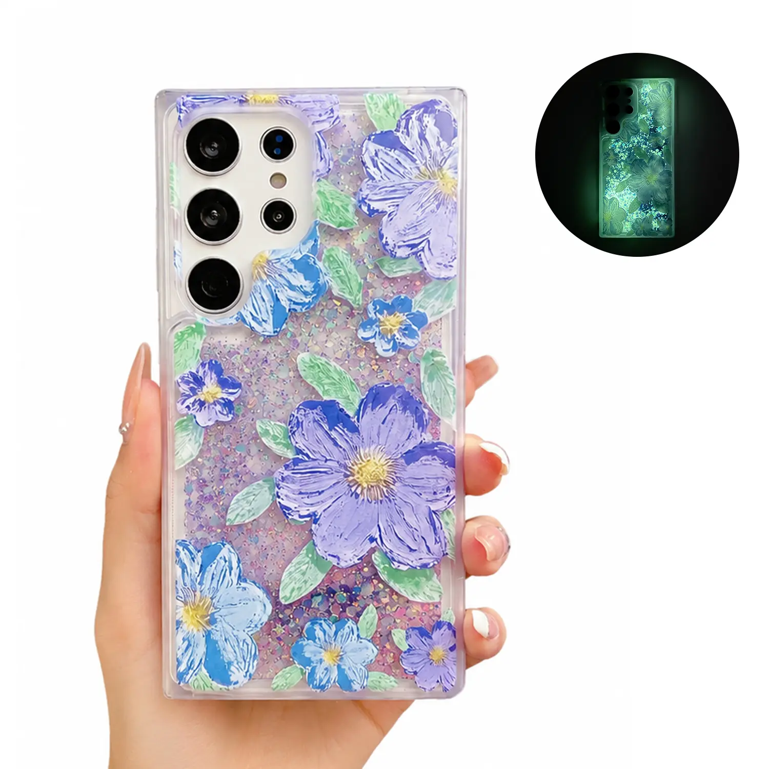 Glow in The Dark Liquid Quicksand Phone Case for Samsung Galaxy S26 Ultra S25 S24 S23 S22 S21 Clear Sparkly Glitter Oil Painting Floral Shockproof Phone Cover