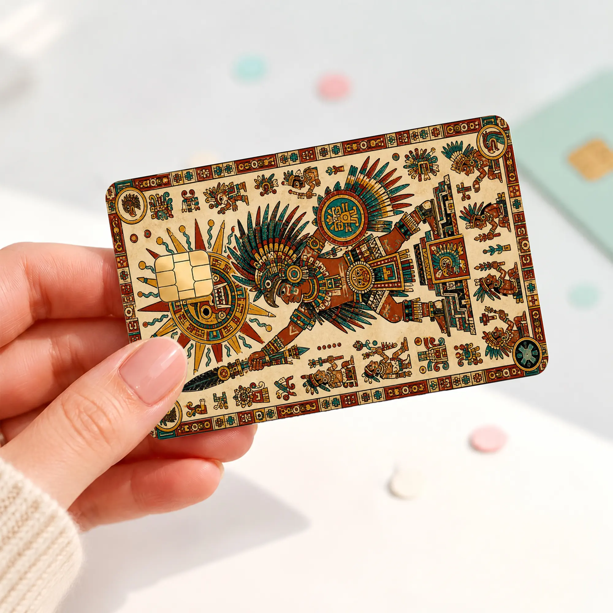 Aztec Warrior Credit Card Skin, Mesoamerican Sun God Debit Card Sticker, Ancient Tribal Art Bank Card Cover, Feathered Headdress Chip Card Decal, Mexican Heritage Gift