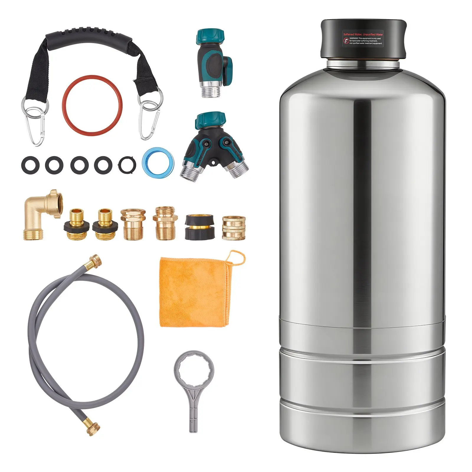 VEVOR Portable RV Water Softener, 16000 Grains, 3/4"-NPT Fittings, Food-Grade Resin, Stainless Steel, Quick Connect, 1500 gal/5678 l Capacity, Municipal Water Compatible, for RV Living, Boats, Trailers, Car Washing, Rv Users