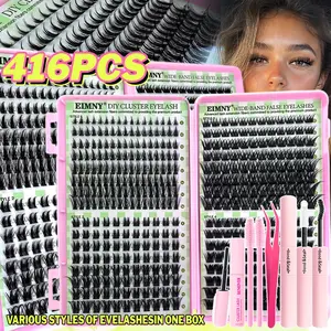 EIMNY 416Pcs Individual Lash Clusters, Mixed Styles False Eyelashes with Bond & Seal, Remove, Tweezer & Brush, Eyelash Extension Kit, D Curl 9-16mm, Natural Look & Extra Thick & Wispy, Cat Eye Style for Beginners, Parties & Holidays, Diy Volume Eyelashes