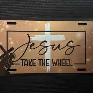 Exterior Stickers Personalized Jesus Take The Wheel Front License Plate with Cross Design and Inspirational Message for Car Decor