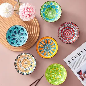 Ceramic Bowl Set, 6 Counts/set Boho Style Round Dessert Bowl, Multifunctional Bowl for Pasta, Salad, Fruit, Kitchen Accessories, Serving Bowls