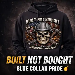 Built Not Bought Hoodie – Blue Collar Skull Workwear | Oilfield / Roughneck Style