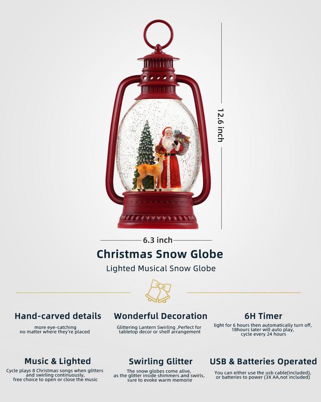 12.6 Inch Large Christmas Snow Globes, Snow Globe Christmas with Santa, Glittering Snow Globe Lantern with Timer, Musical Christmas Snow Globe for Christmas Decor(Santa)