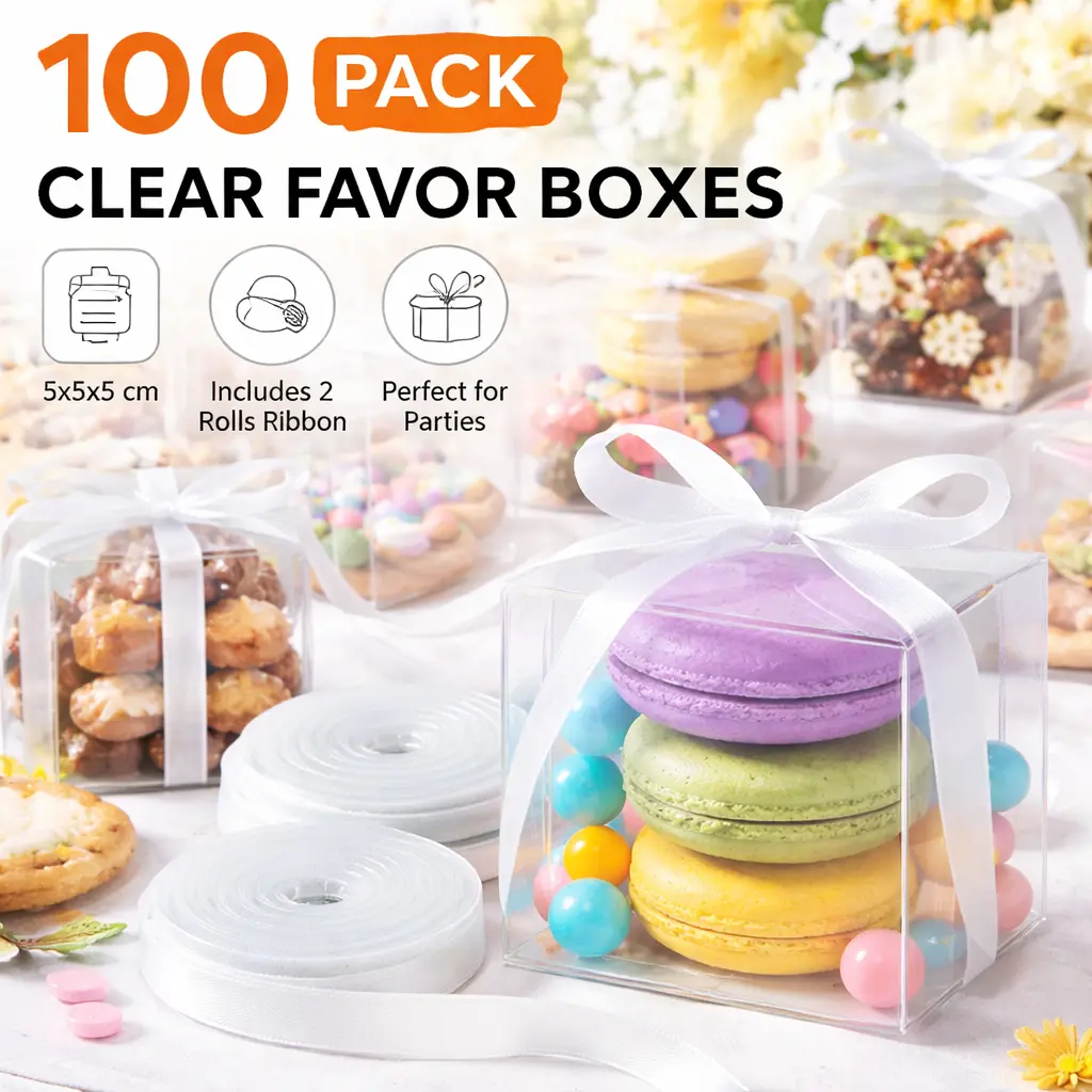 100-Pack 2x2x2 Clear Favor Boxes – Small Candy Boxes for Weddings, Birthdays, Macaron Box for 2 & Party Treats