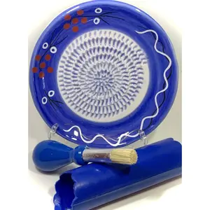 ,All-in-one Premium Ceramic Garlic Grater Plate 4-Piece Set - Cherry Line on Blue Design - For Garlic, Ginger, Chocolate, and more!- Comes with 5.25" Plate, Peeler, Brush, and Stand