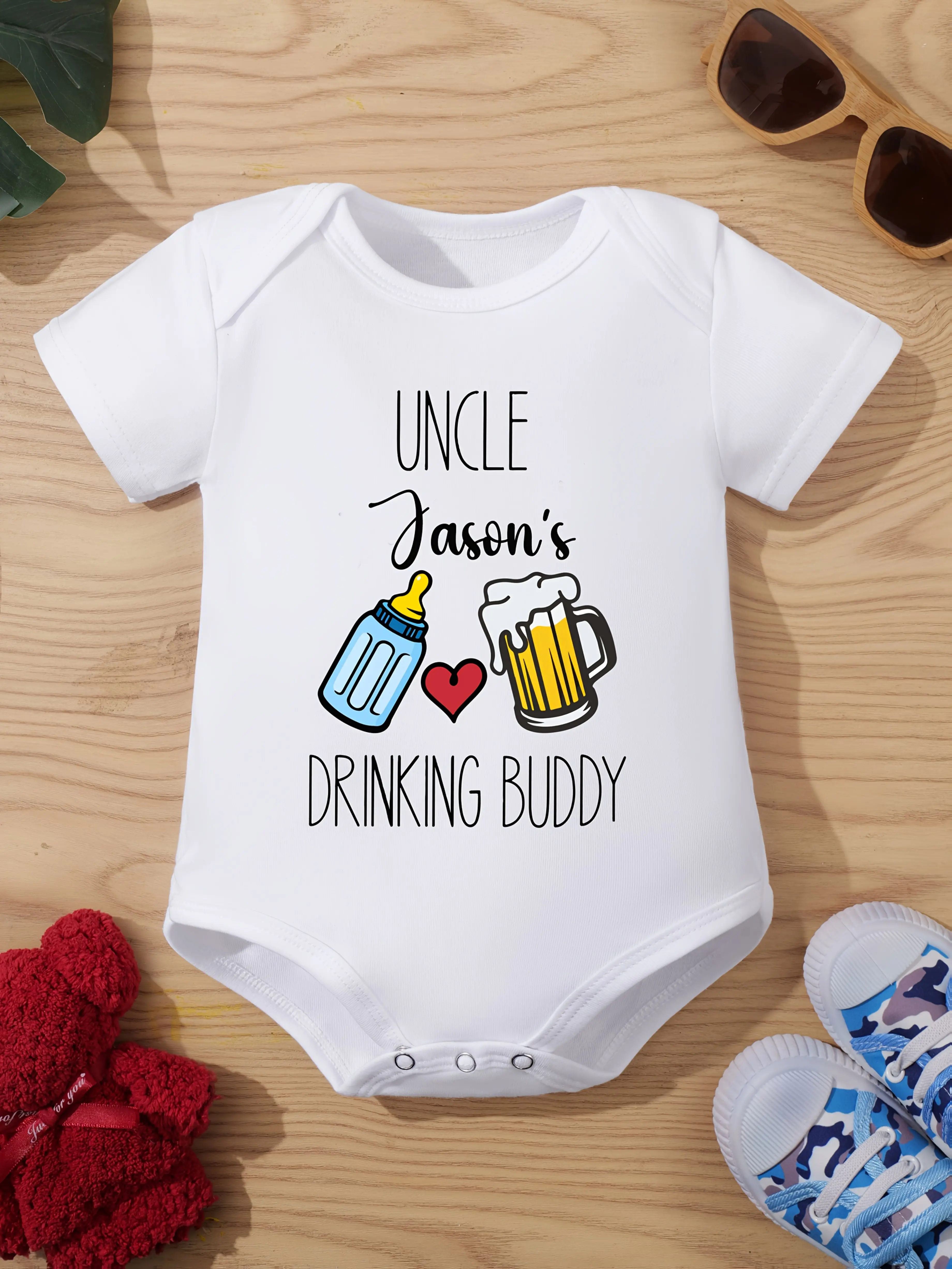 Unisex White Baby Short Sleeve Bodysuit, Custom Name Uncle Drinking Buddy Baby Bottle Beer Heart Cotton Personalized Onesie