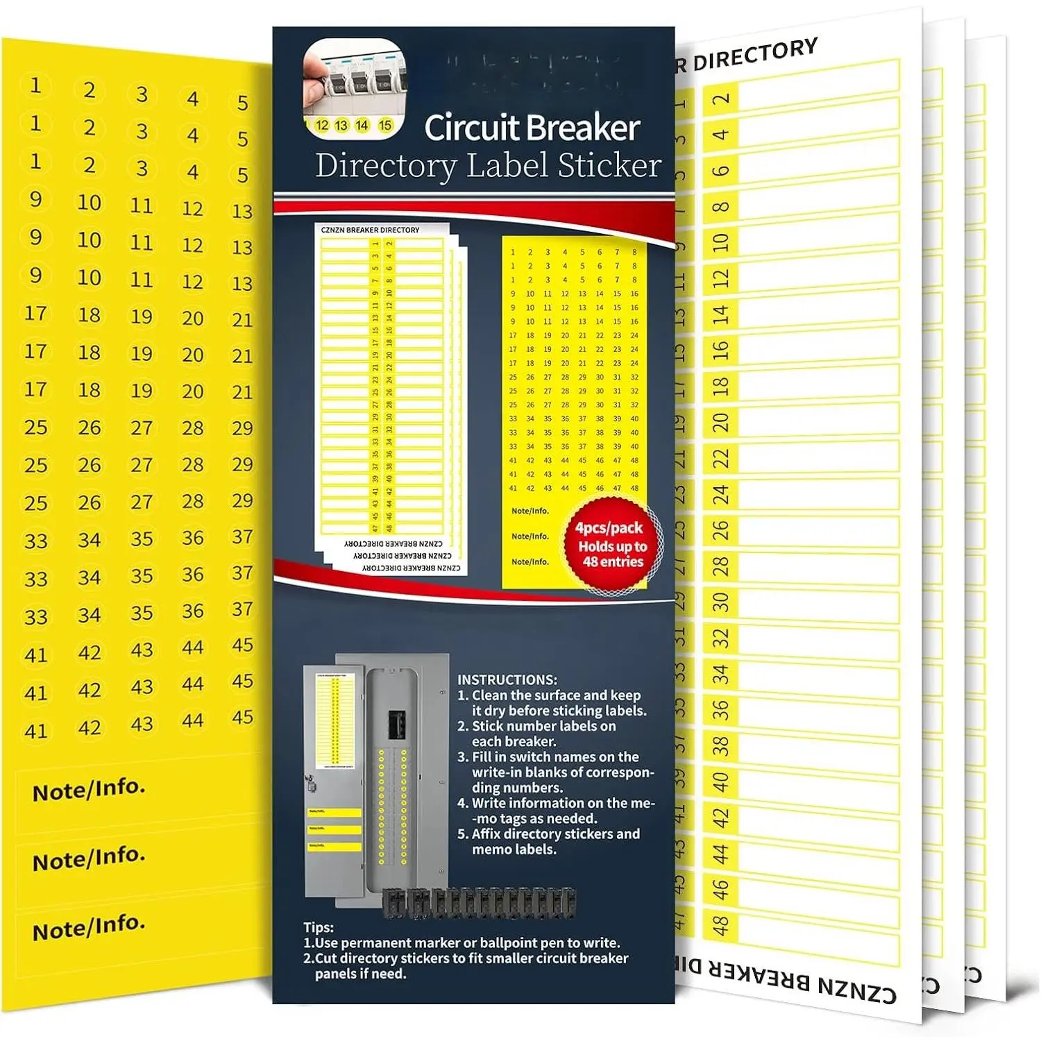 Electrical-Panel Labels Circuit Breaker-Box Stickers - 48*3 Blank Number Directory, Easy Read Adhesive  Sign for Load Center, /Fuse Organizer, /Wire Markers, House/Office/Commercial