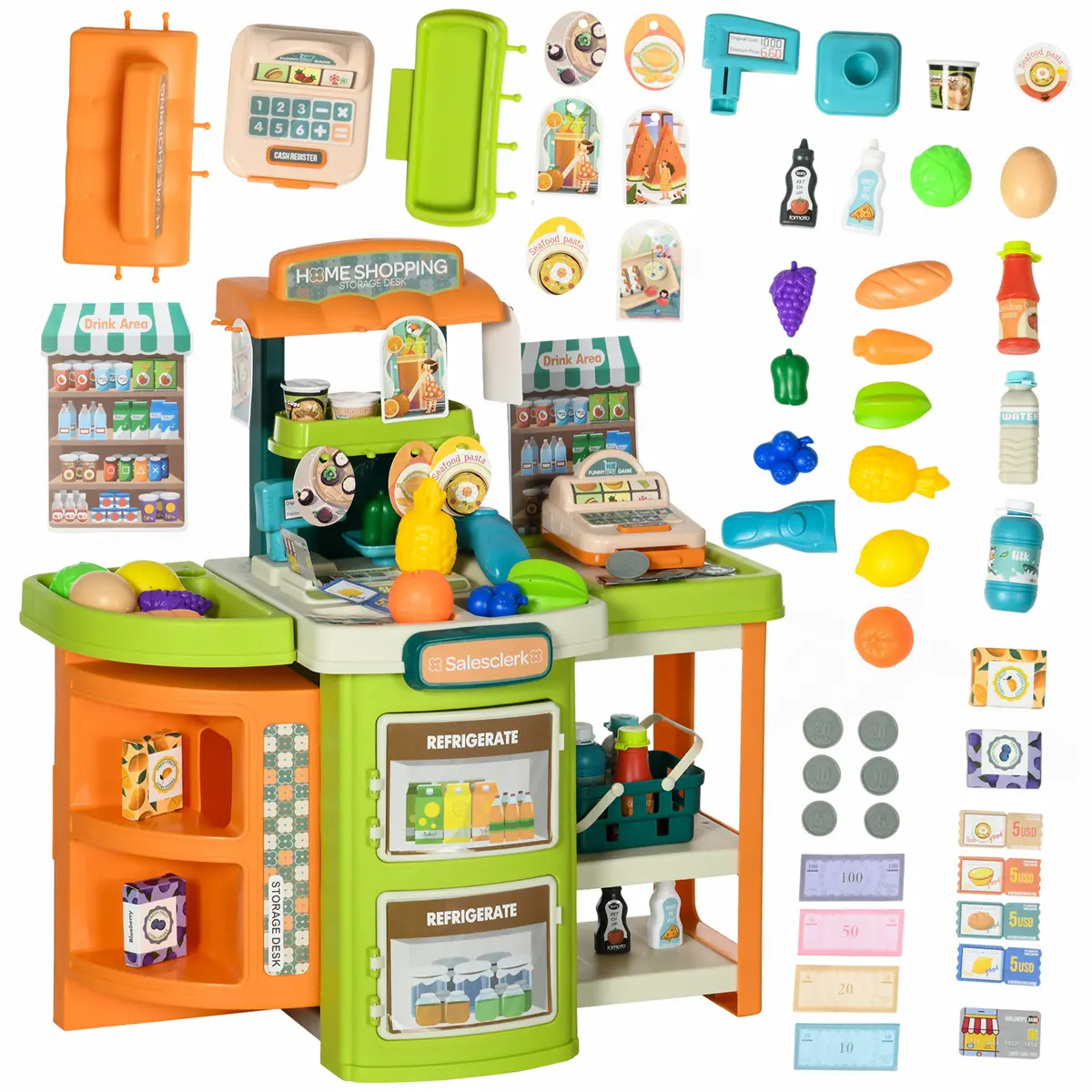 Grocery Store Pretend Play Trolley with Cash Register Stand, Foldable Play Store with Scanner, Play Food Vegetable, Storage for kids 3-6 Years,58pcs