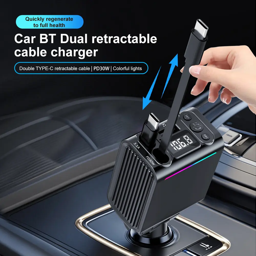 Dual Retractable Cable Car Charger with Bluetooth 5.3 FM Transmitter, Fast Charging Car Adapter with Hands-Free Calling, Bass Music Player, USB Drive Support, Car Accessories for Daily Driving & Road Trips