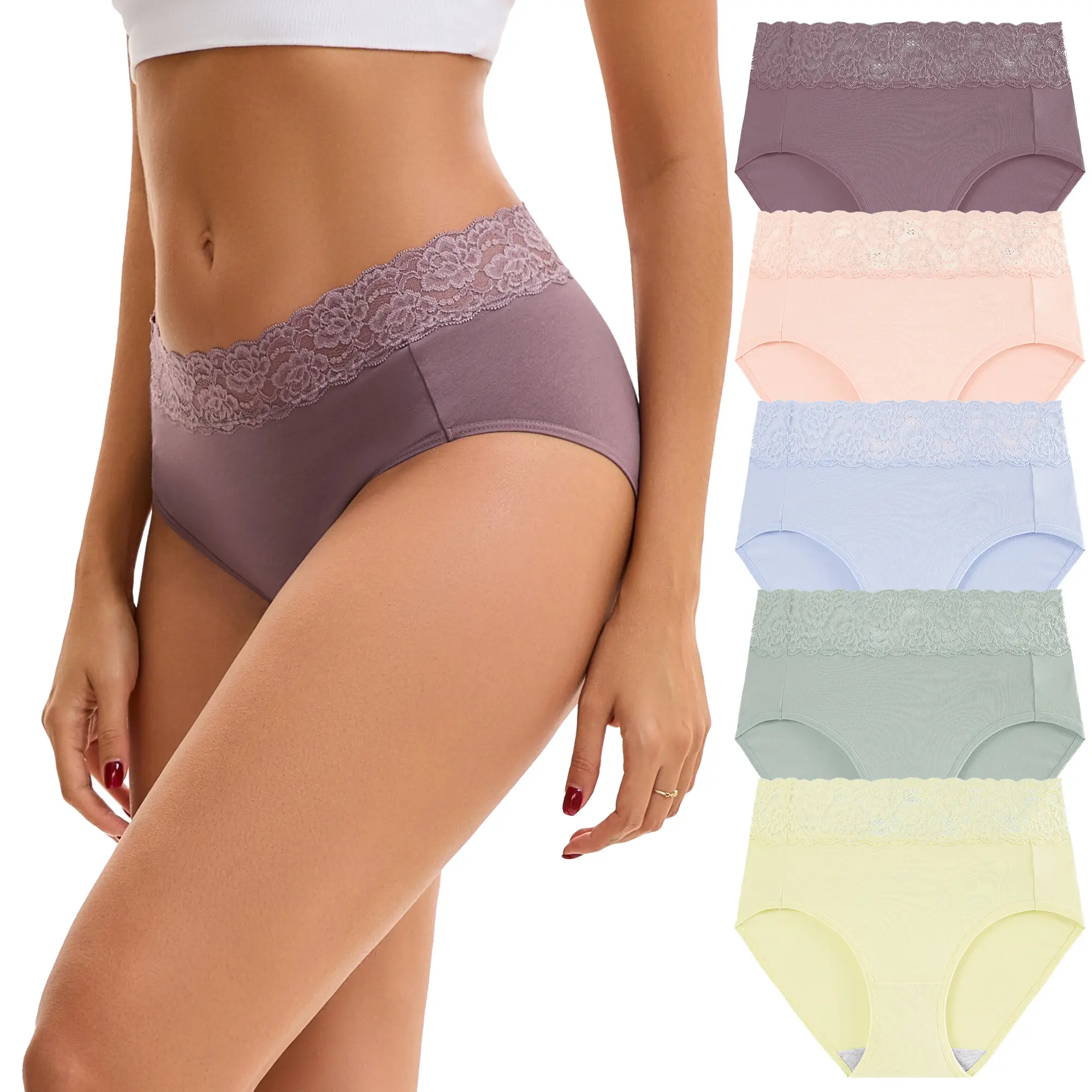 INNERSY Women's Cotton Lace Briefs, 5-Pack Matching High-Cut Panties, Breathable High-Stretch Fabric for a Perfect Fit