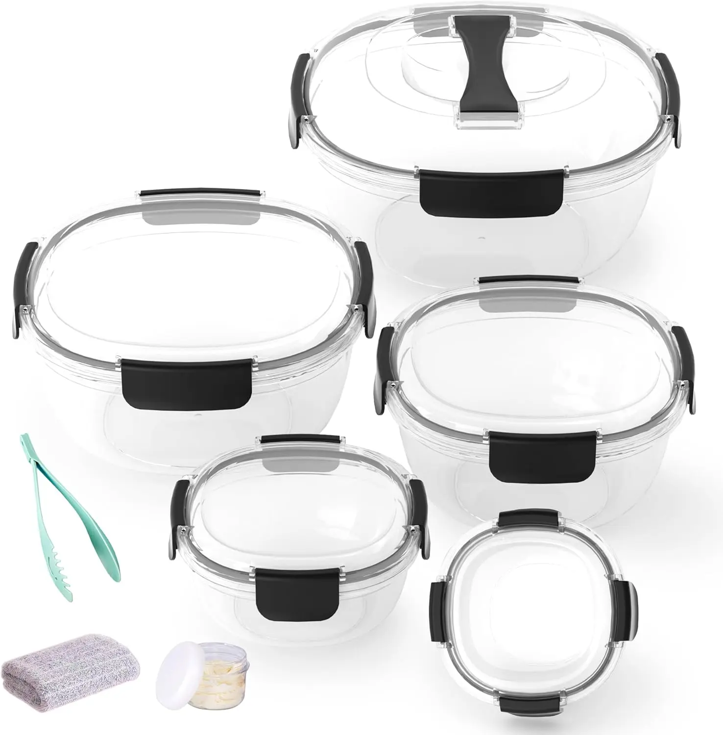 LISI Salad Bowls Set with Airtight Lids, BPA-Free, Leak-Proof Plastic Food Containers for Meal Prep, Baking, Picnic, Includes 3-in-1 Spatula & Tongs – Nesting To-Go Containers