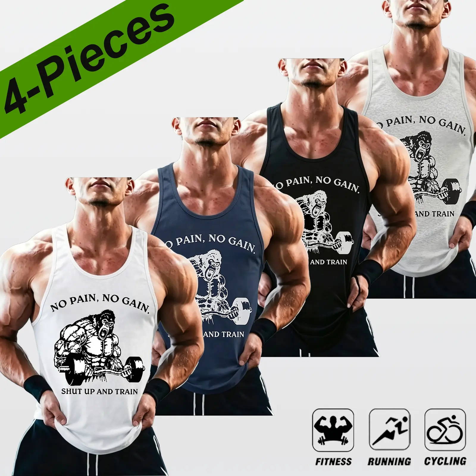 Men'4-Pieces Gorilla Gym Graphic Tank Top,weightlifter streetwear workout tank,stretch breathable gym sleeveless shirt,vintage fitness slogan athletic tank, Men's Top for Gym Workout,Running, Bodybuilding, Casual Fitness Wear, Menswear Vests Operator
