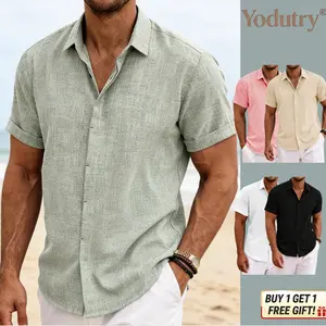 Men’S Linen Short Sleeve Shirt| Loose Fit Solid Color Tee| Casual Beach Vintage Style