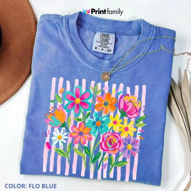 Comfort Colors Striped Boho Floral Brushstroke Shirt, Preppy Floral Summer Vibes Tee, Spring Wildflower Graphic Shirt, Boho Floral Mama T-Shirt, Aesthetic Summer Outfit Gift for Her –
