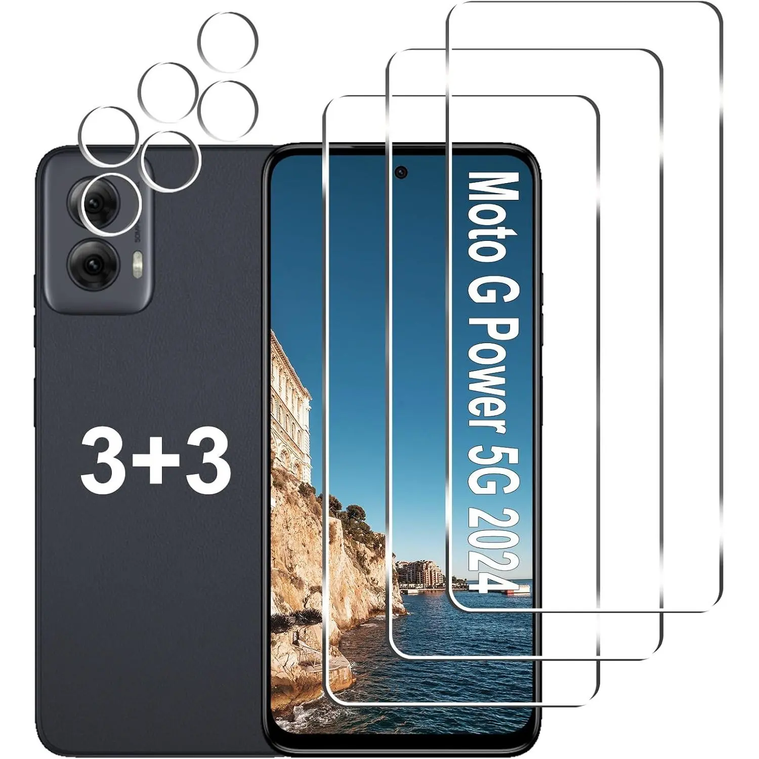 [3+3 Pack] Protective Tempered Glass for Moto G Power 5G 2024 (Screen + Camera Lens), 9H Hardness, Anti-Scratch, Easy Bubble-Free Installation, Aftermarket Phone Screen Protectors Accessory