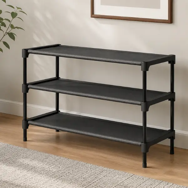 3-Tier Shoe Rack Organizer - 11.7x24.5x21 in Wide Stackable Free-Standing Shelf, Non-Woven Storage for Closet Entryway, Shoe Organizers & Storage Organization Solution (Black)