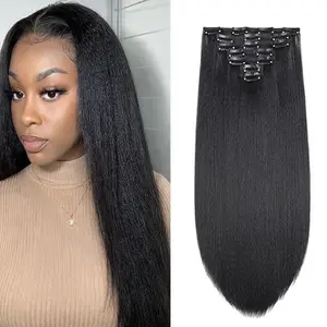 Kinky Straight Clip in Hair Extensions for Black Women Full Head Yaki Straight Clip Ins Synthetic Hair Extensions 20Inch 7pcs/set Natural Black