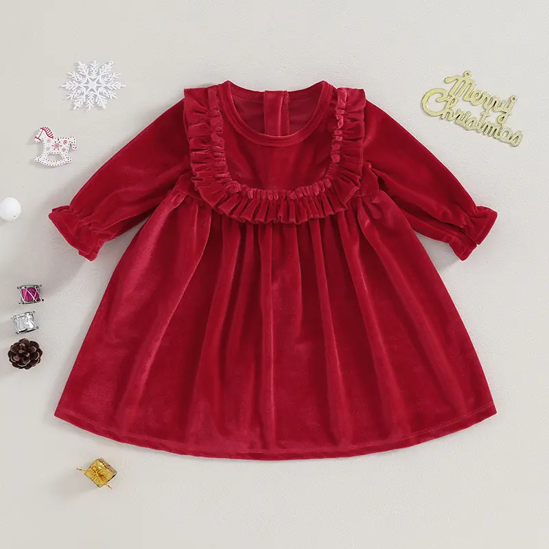 Toddler Girls' Solid Color Long-Sleeve Velvet Crew Neck Ruffled Knee-Length A-Line Dress, Christmas Party & Spring Casual Wear