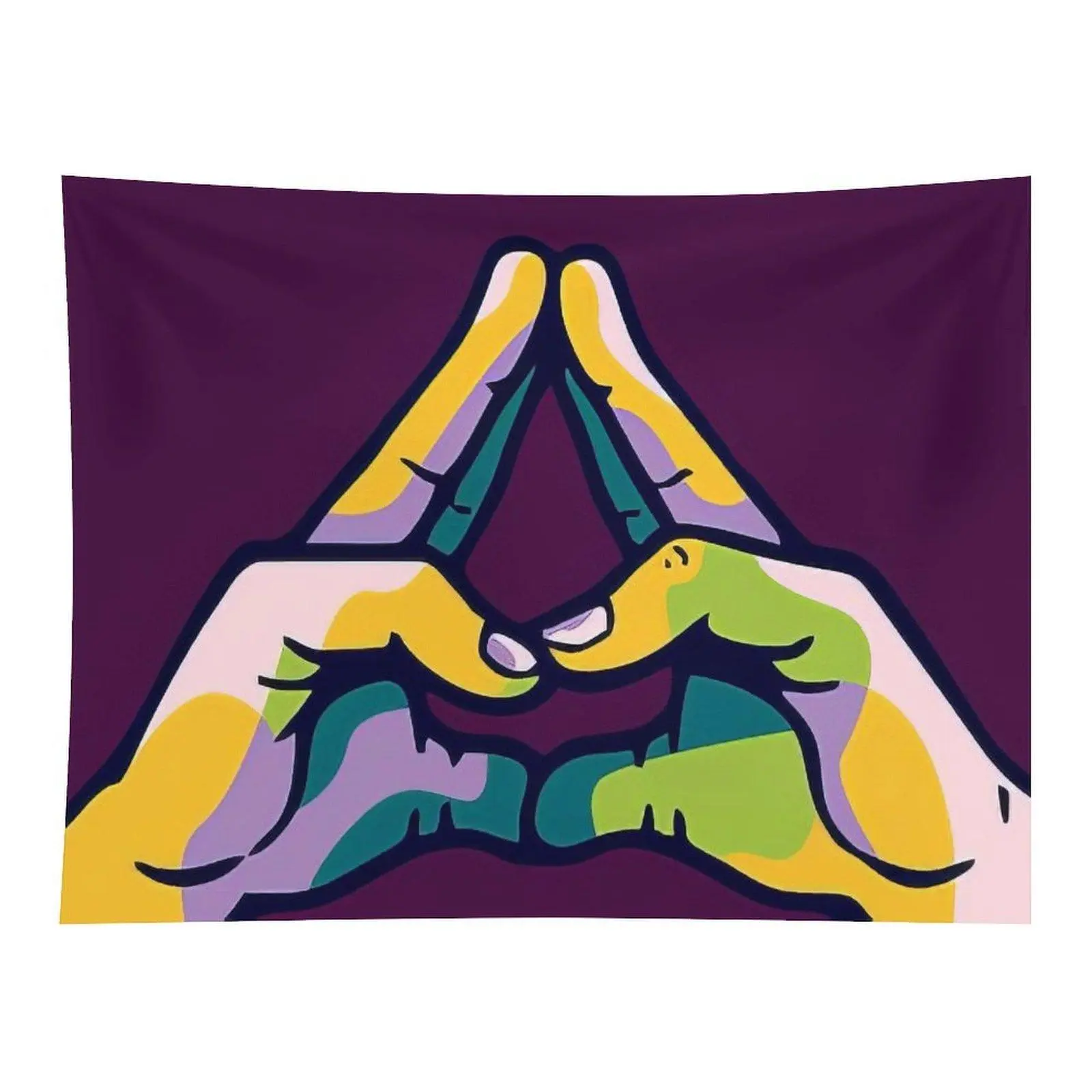 Bohemian Fabric Wall Tapestry, Colorful Abstract Triangle Hand Gesture Design, Deep Purple Background, Multi-Size Rectangle Room Decor for Aesthetic Spaces