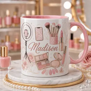 Custom Beauty Content Creator Name Mug, 2D Printed 3D Effect Ceramic Coffee Cup, Pink Makeup Ring Light Brush Lipstick Design, Personalized Gift for Beauty Influencers, Makeup Lovers, Birthday Christmas Gift