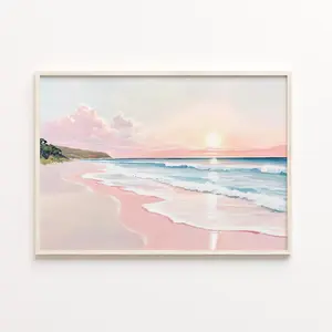 Beach Poster, Pink Beach Coastal Landscape Art, Pastel Sunset Printable Wall Art,  Summer Print