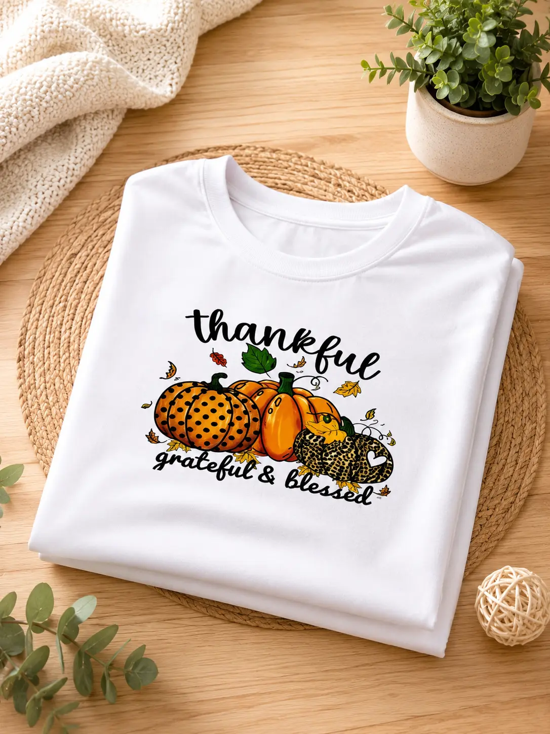 NORELD Thankful Grateful & Blessed Pumpkin Thanksgiving Women's Graphic T-Shirt Fall Autumn Tee
