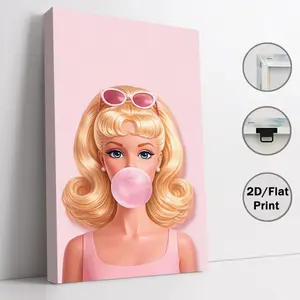 Glam Barbie doll with pink sunglasses blowing bubble gum canvas wall art, 2D HD print pop art poster, framed/unframed wall decor for home, chic pink Barbie artwork, great home decoration gift