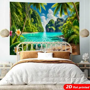 Tropical Beach Tapestry Wall Hanging, 2D Flat Printed Nature Landscape with Palm Trees, Coconut Bay & Flowers, Home Decor Backdrop for Bedroom & Living Room, Ideal Photo Studio Prop Gift