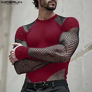 INCERUN * Men's Stylish Mesh Stitching Bodysuits Crew Neck Long Sleeve Muscle Fit Jumpsuits